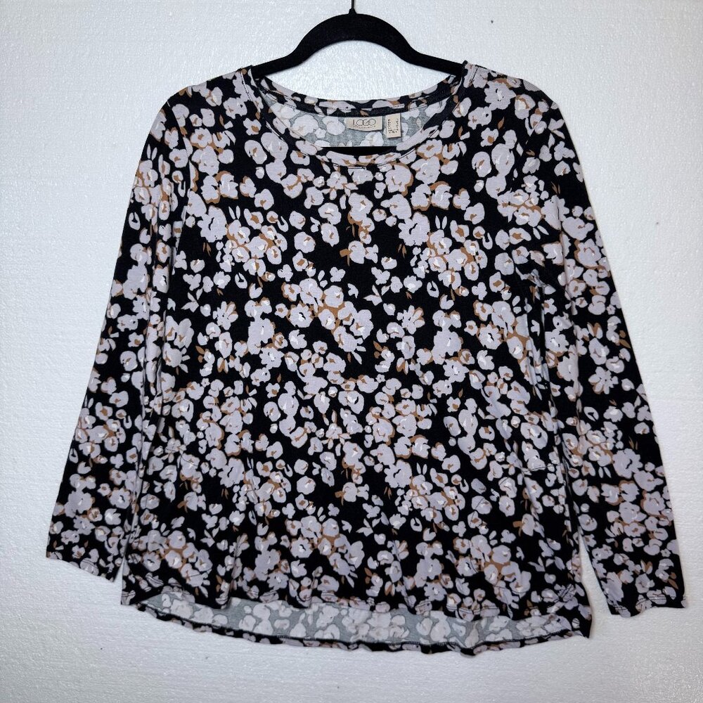 LOGO Lori Goldstein Womens Sz Small Black Floral Long Sleeve Top Pockets Casual